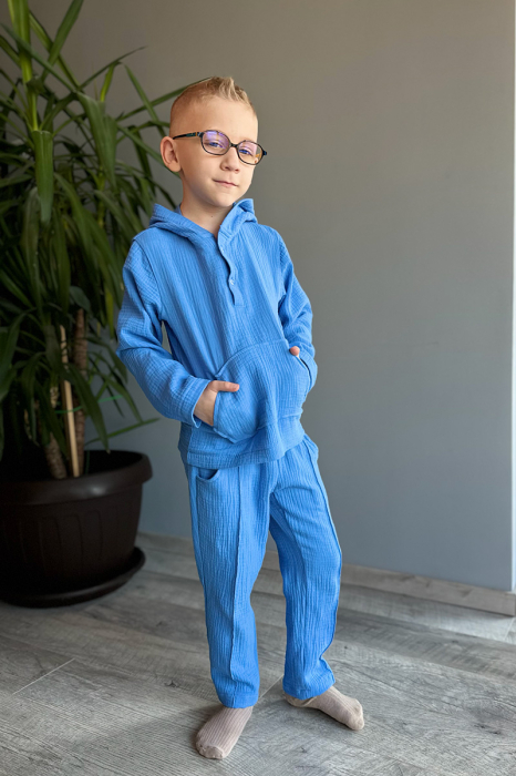 Compleu din muselină băiat — Cămașă tip hanorac + Pantalon |Albastru| H. Bebe [4]