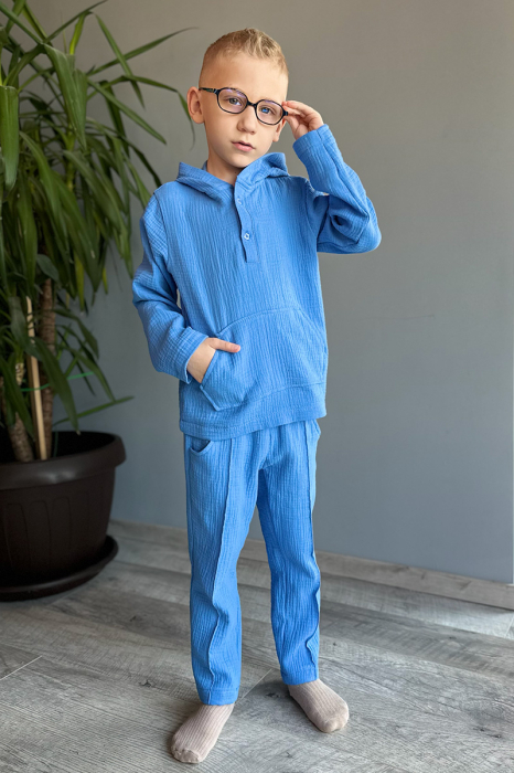 Compleu din muselină băiat — Cămașă tip hanorac + Pantalon |Albastru| H. Bebe [3]