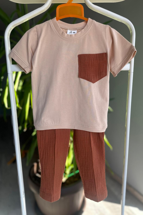 Set copii din bumbac organic și muselină GOTS – tricou cu buzunar și pantaloni | hbebe [5]