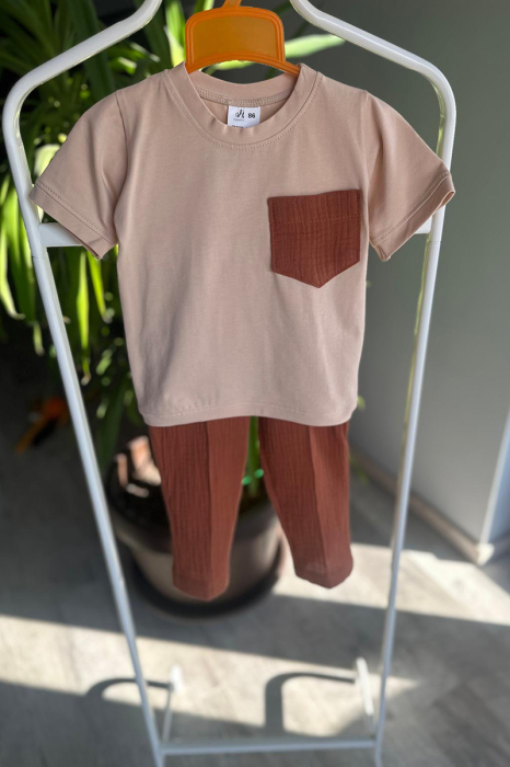 Set copii din bumbac organic și muselină GOTS – tricou cu buzunar și pantaloni | hbebe [6]