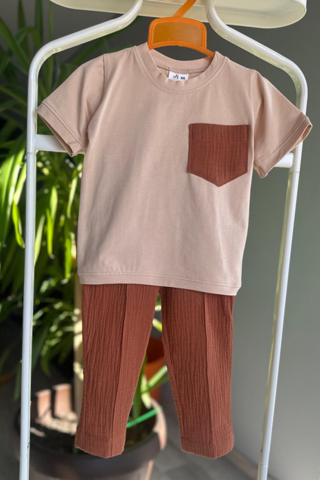 Set copii din bumbac organic și muselină GOTS – tricou cu buzunar și pantaloni | hbebe [2]