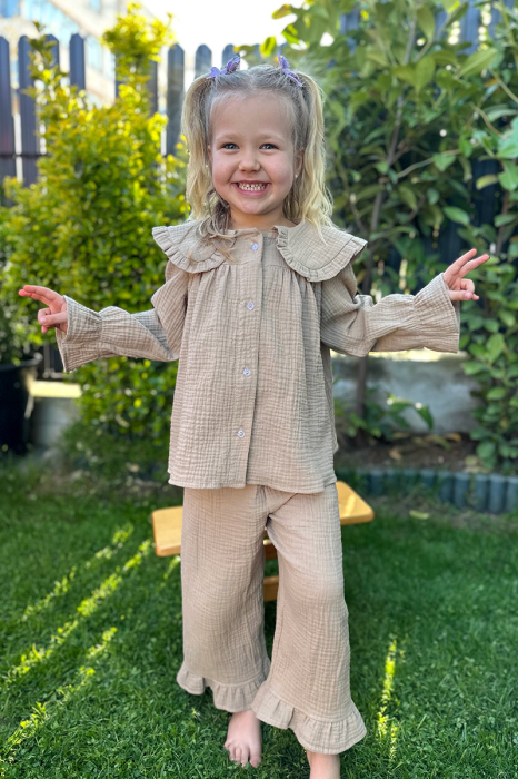 Compleu Fetiță din Muselină cu Guler și Volane- Crem [3]