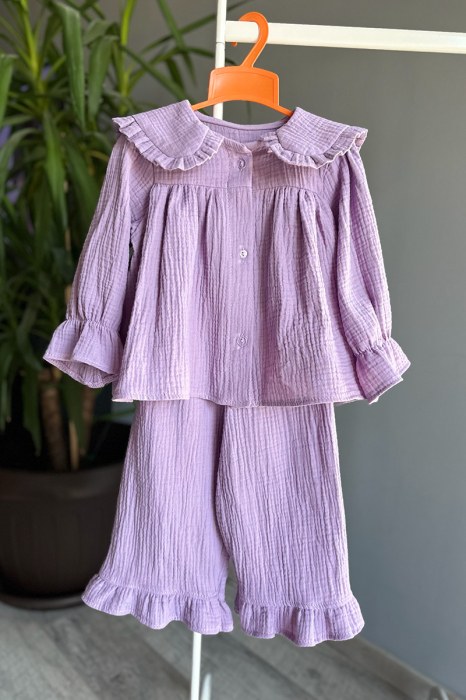 Compleu Fetiță din Muselină cu Guler și Volane-Liliac [2]