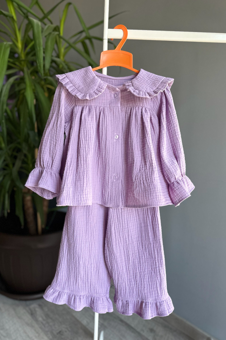 Compleu Fetiță din Muselină cu Guler și Volane-Liliac [3]
