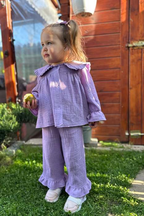 Compleu Fetiță din Muselină cu Guler și Volane-Liliac [3]