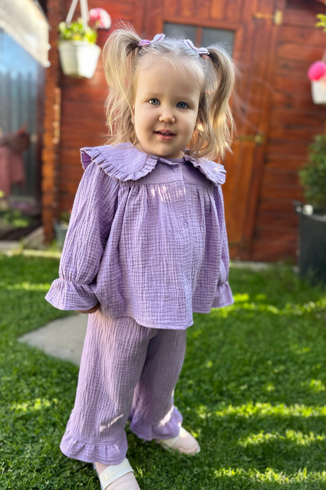 Compleu Fetiță din Muselină cu Guler și Volane-Liliac [2]