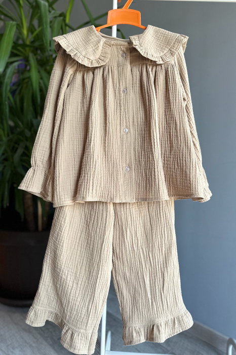 Compleu Fetiță din Muselină cu Guler și Volane- Crem [2]