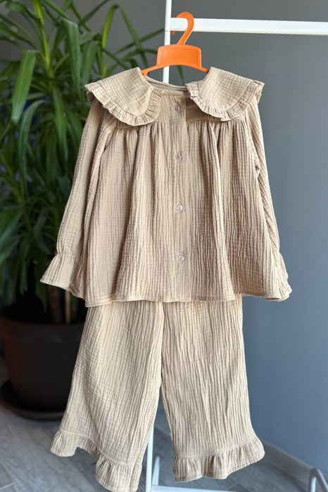 Compleu Fetiță din Muselină cu Guler și Volane- Crem [4]