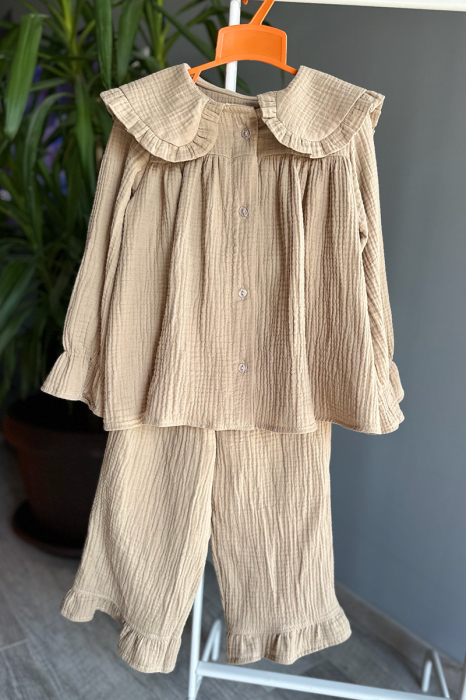 Compleu Fetiță din Muselină cu Guler și Volane- Crem [3]