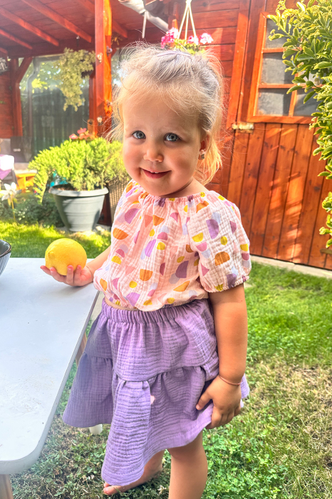 Compleu fetițe muselină, bluză crop top și fustă simplă, print geo și liliac [4]