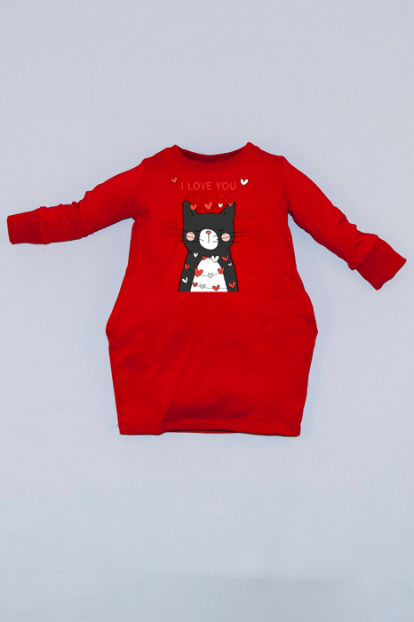 Rochie cocon roșie cu mâneci lungi - I Love You [2]