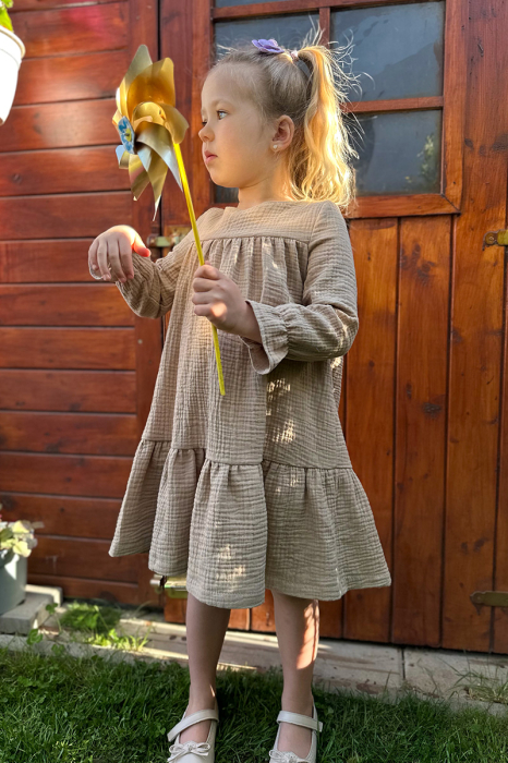 Rochie cu volan si maneca lunga - Crem [2]