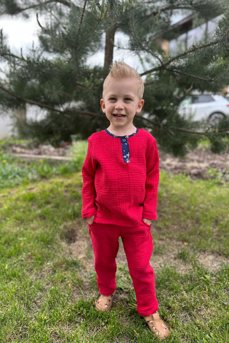 Rochie Volan-Compleu Mamă/Fiu din Muselina - Zmeuriu [3]