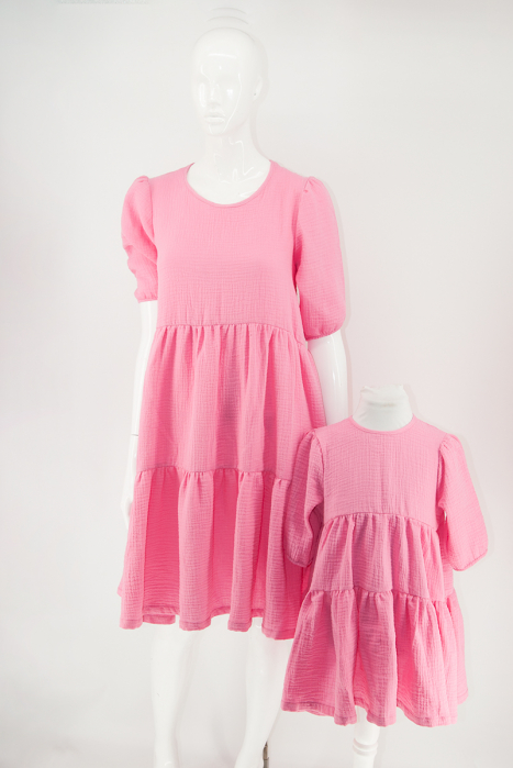 Rochii Mama Fiica din Muselina cu mâneci bufante - Roz [2]