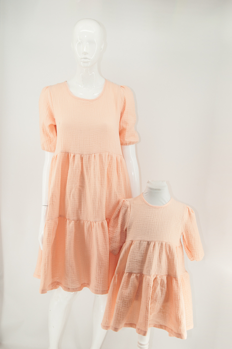 Rochii Mama Fiica din Muselina cu mâneci bufante - Somon [2]