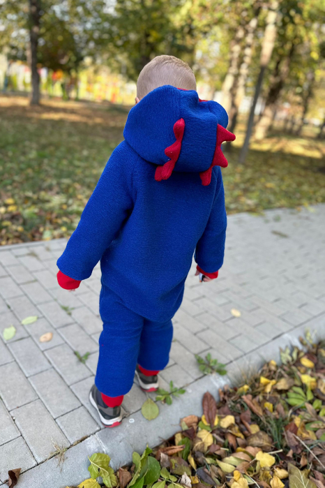 Salopeta din Lână Bucle cu Fermoar si Gluga cu Tepi Dino-Royal Blue [3]