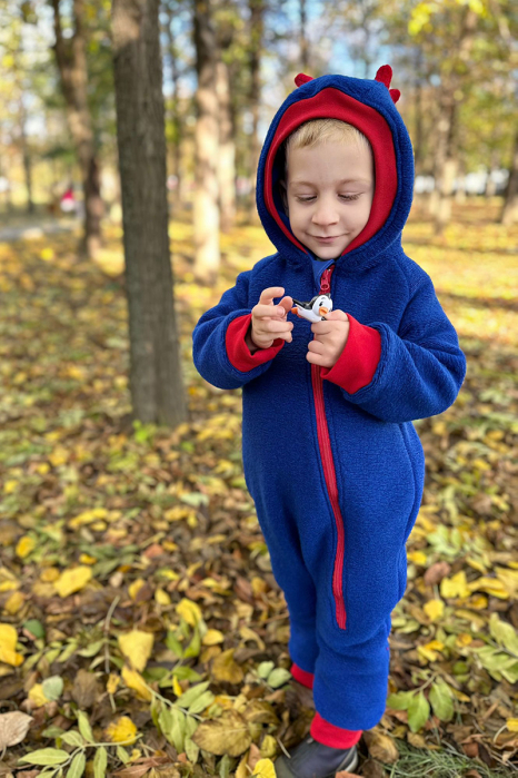 Salopeta din Lână Bucle cu Fermoar si Gluga cu Tepi Dino-Royal Blue [2]