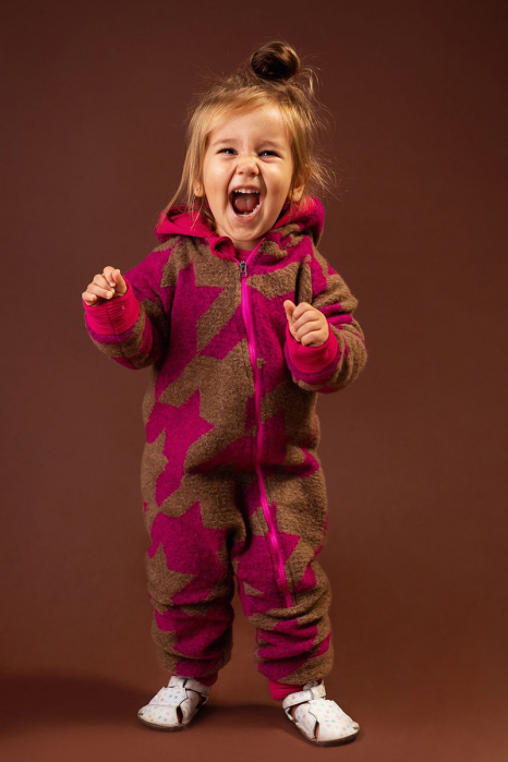 Salopetă din Lână Fiartă cu Fermoar și Glugă - Roz/Crem [2]