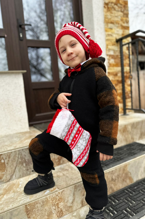 Salopetă din Lână Fiartă cu Fermoar și Glugă - Black & Red [2]