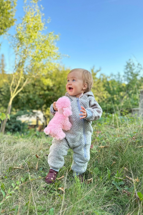 Salopetă din Lână Fiartă cu Fermoar și Glugă - Gri/ Roz [2]