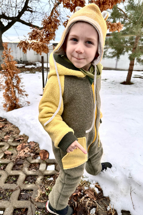 Salopetă din Lână Fiartă cu Fermoar și Glugă - Olive & Yellow [3]