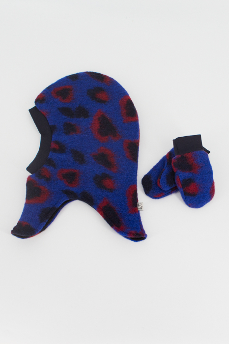 Set Cagulă si manusi lână fiartă -Animal print Albastru [2]