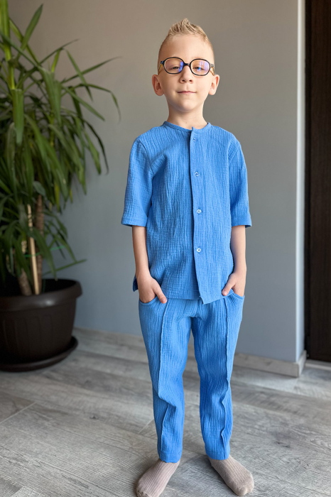 Set din muselină băiat — Cămașă cu nasturi + Pantalon | Albastru| H. Bebe [2]