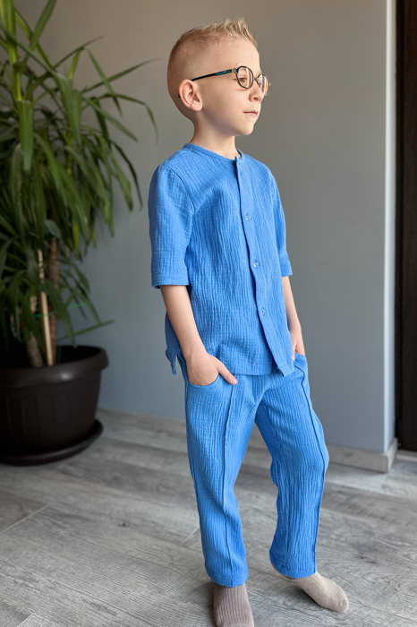 Set din muselină băiat — Cămașă cu nasturi + Pantalon | Albastru| H. Bebe [3]