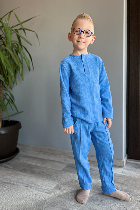 Set din muselină băiat — Cămașă tip tunică + Pantalon | Albastru | H. Bebe [2]