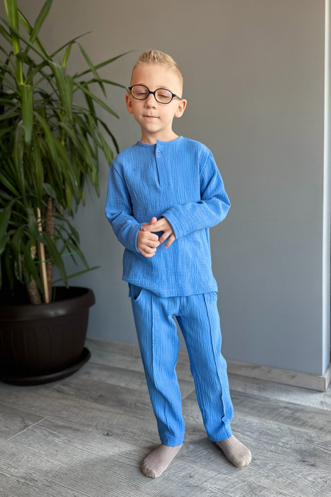 Set din muselină băiat — Cămașă tip tunică + Pantalon | Albastru | H. Bebe [3]