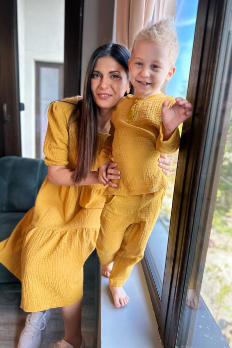 Set Rochie-Compleu Mamă/Fiu din Muselina - Mustar [2]