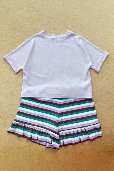 Set Tricou și Pantalon Scurt Rib cu Volan Verde Roz| H. Bebe [6]