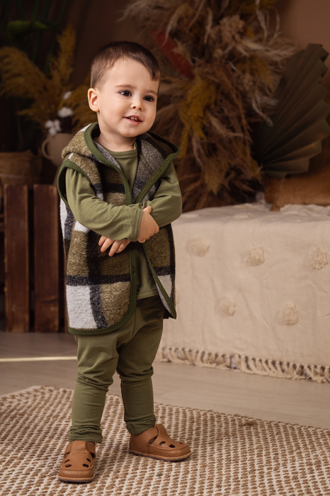 Vestă subtire din lână fiartă - Carouri Kaki [4]