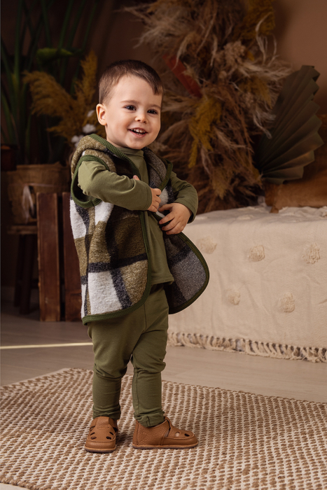 Vestă subtire din lână fiartă - Carouri Kaki [3]
