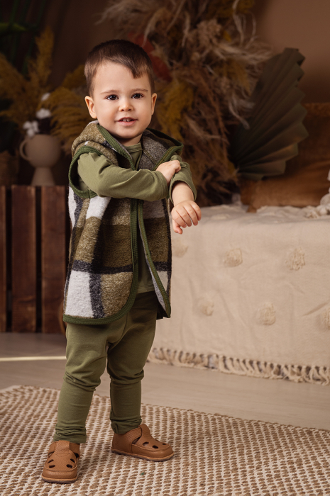 Vestă subtire din lână fiartă - Carouri Kaki [2]