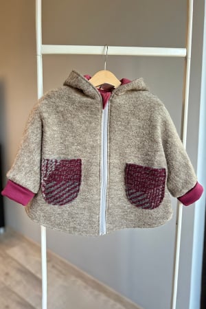 Hanorace și Jachete - Capă copii din lână naturală, model Iepuraș, Crem-Vișiniu — H. Bebe