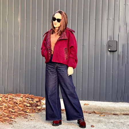 Jachetă Damă Lână Batwing Bordo cu Rever Animal Print | H. Bebe [1]