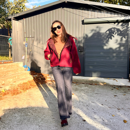 Feminin by H. Bebe - Jachetă Damă Lână Batwing Bordo cu Rever Animal Print | H. Bebe