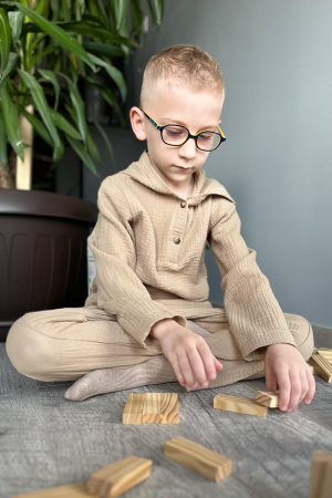 Compleu din muselină băiat — Cămașă tip hanorac + Pantalon |Crem | H. Bebe [2]