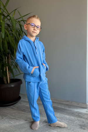 Muselina si IN - Compleu din muselină băiat — Cămașă tip hanorac + Pantalon |Albastru| H. Bebe