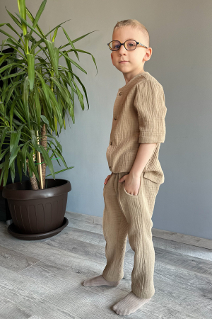 Set din muselină băiat — Cămașă cu nasturi + Pantalon | Crem | H. Beben |Crem | H. Bebe [2]