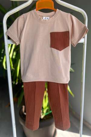 Toate Produsele - Set copii din bumbac organic și muselină GOTS – tricou cu buzunar și pantaloni | hbebe