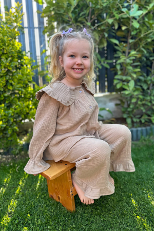 Muselina pentru copii - Compleu Fetiță din Muselină cu Guler și Volane- Crem