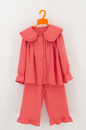 De vară - Compleu Fetiță din Muselină cu Guler și Volane- Corai