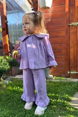 Compleu Fetiță din Muselină cu Guler și Volane-Liliac [2]