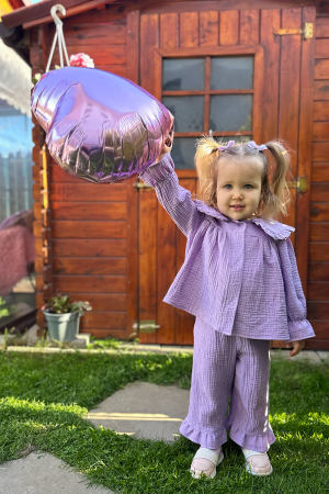 Muselina pentru copii - Compleu Fetiță din Muselină cu Guler și Volane-Liliac