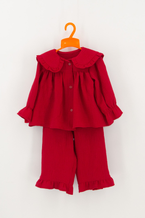 De vară - Compleu Fetiță din Muselină cu Guler și Volane- Zmeuriu