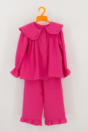 De vară - Compleu Fetiță din Muselină cu Guler și Volane- Fucsia