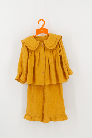 De vară - Compleu Fetiță din Muselină cu Guler și Volane- Mustar