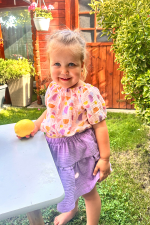 Compleu fetițe muselină, bluză crop top și fustă simplă, print geo și liliac [4]